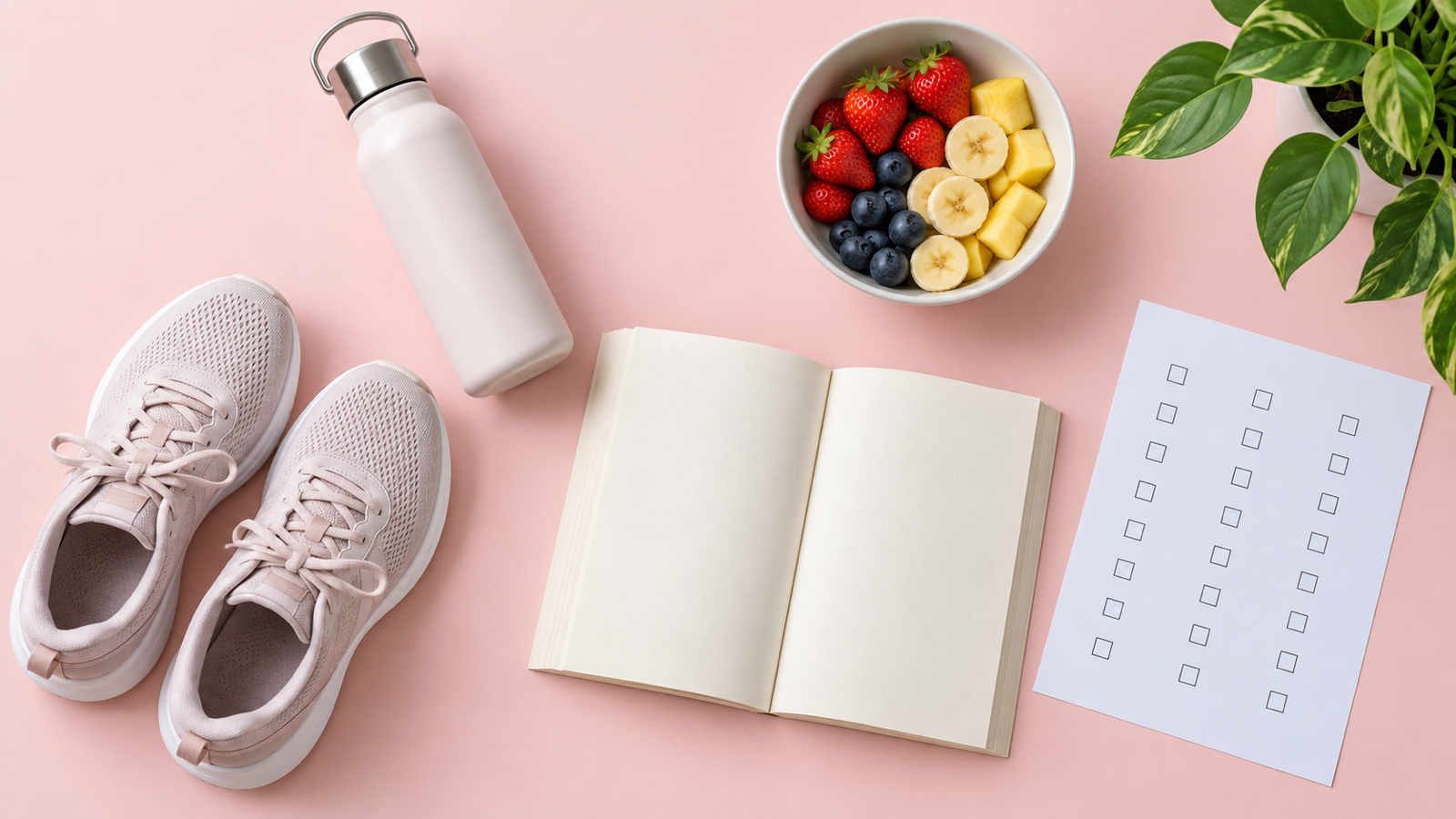 A flat lay of a water bottle, running shoes, an open book, fruit and a blank checklist on a pink desk
