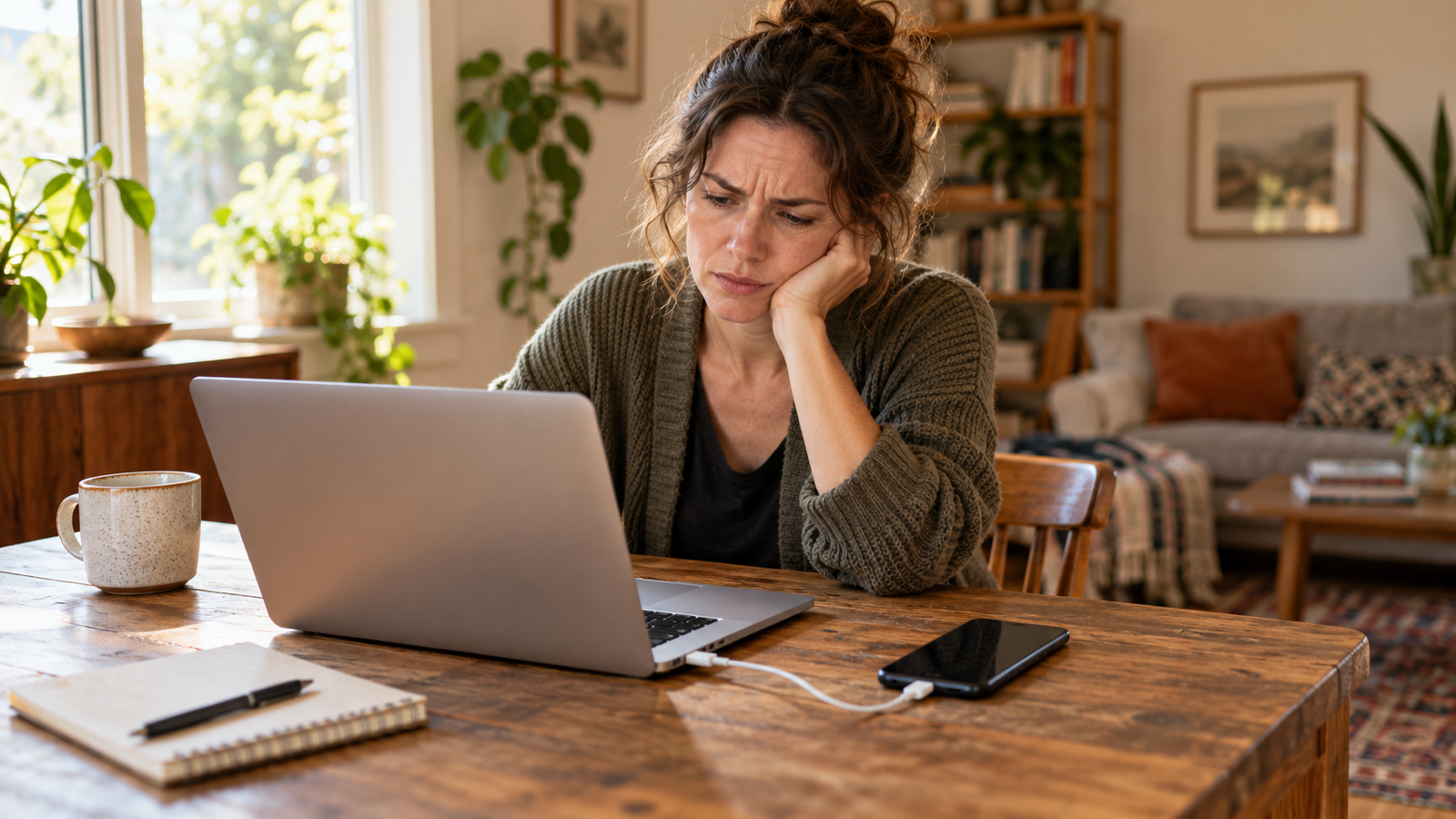 A woman at a wooden table with a MacBook and an Android phone joined by a USB-C cable, looking at the laptop with a puzzled expression