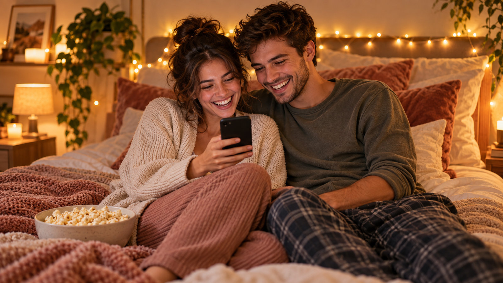 A young couple sitting close together on a bed under fairy lights, laughing while they look at one phone, with a bowl of popcorn beside them on a cosy evening at home