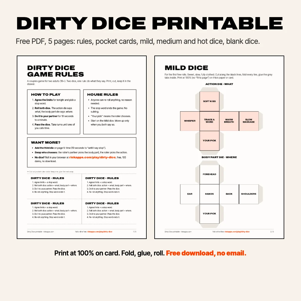 Preview of the free dirty dice printable: the rules page with How to play, House rules and four pocket rules cards, and the Mild dice page with an action die template reading Soft kiss, Whisper, Trace a word, Warm breath, Slow massage, Your pick