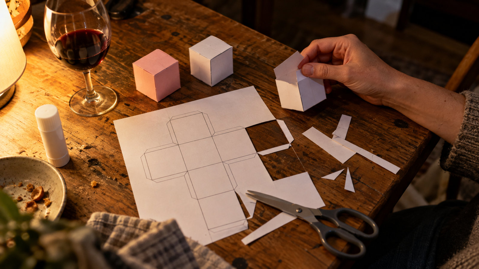 Overhead view of a kitchen table at night: a printed cube net template, scissors, a glue stick and offcuts, a pink and a white handmade paper die, a hand folding a third, and a glass of red wine