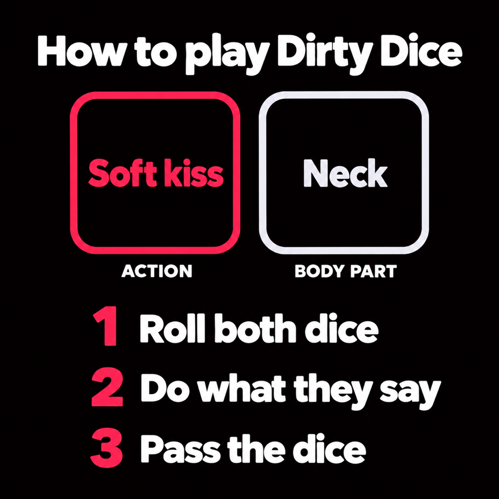 A black card headed How to play Dirty Dice showing a pink action die reading Soft kiss and a white body part die reading Neck, with three steps: roll both dice, do what they say, pass the dice