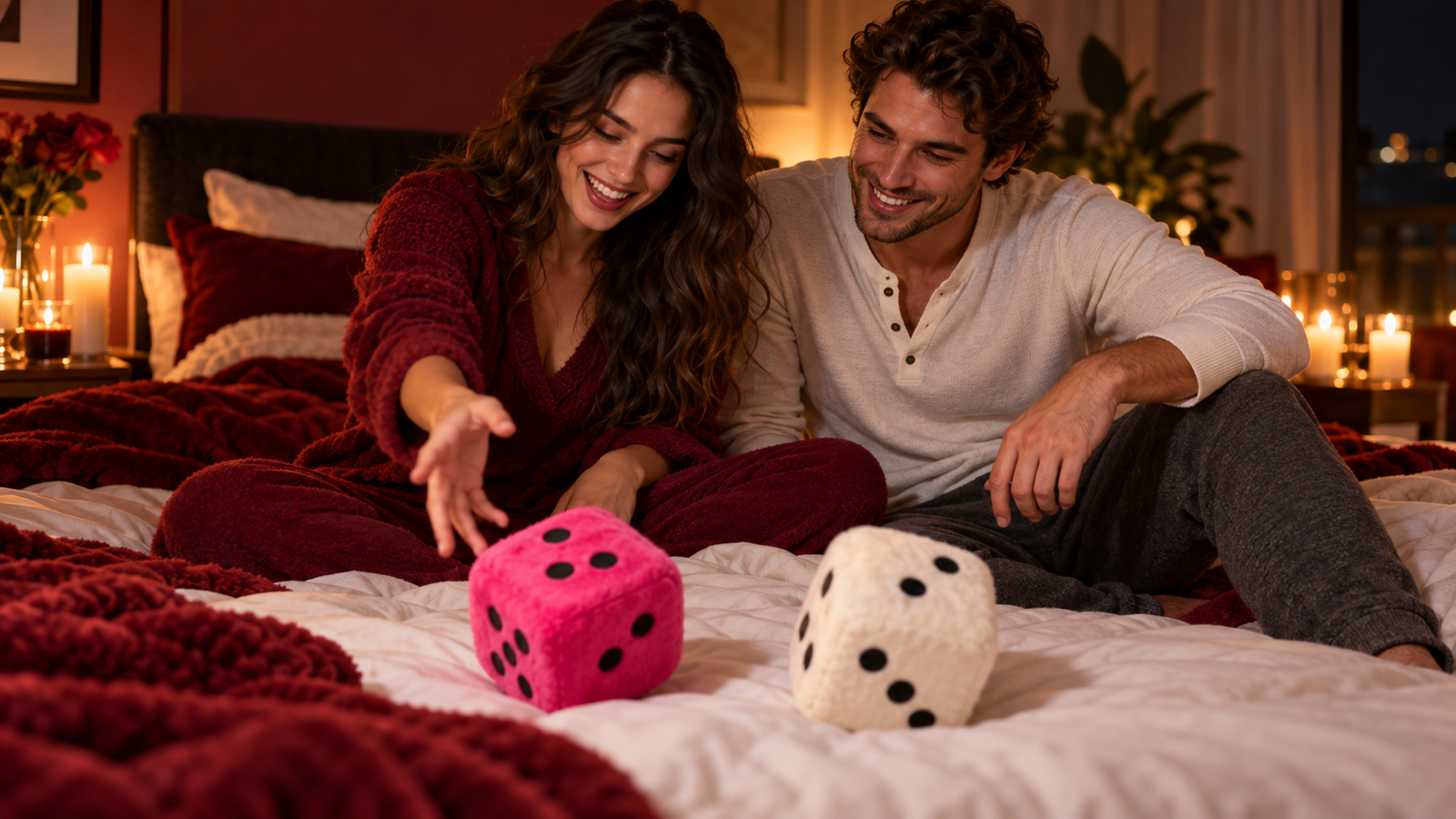 A smiling couple in loungewear on a bed at night, the woman rolling a large pink die and a white die onto the duvet by candlelight