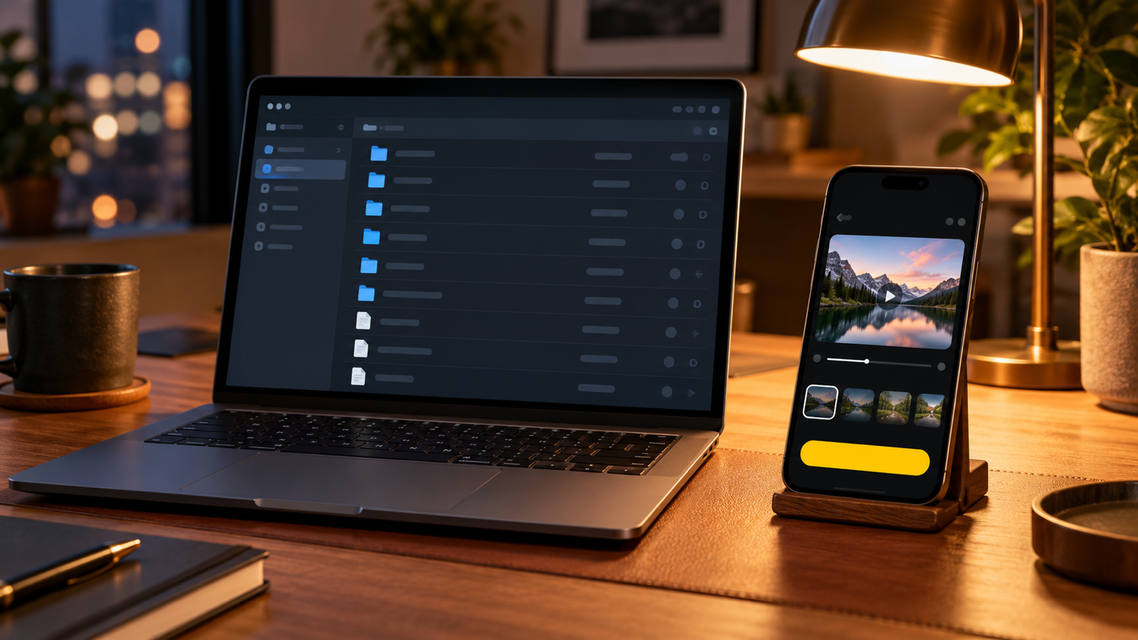 A desk at night with a laptop and an Android phone propped beside it showing a video file preview
