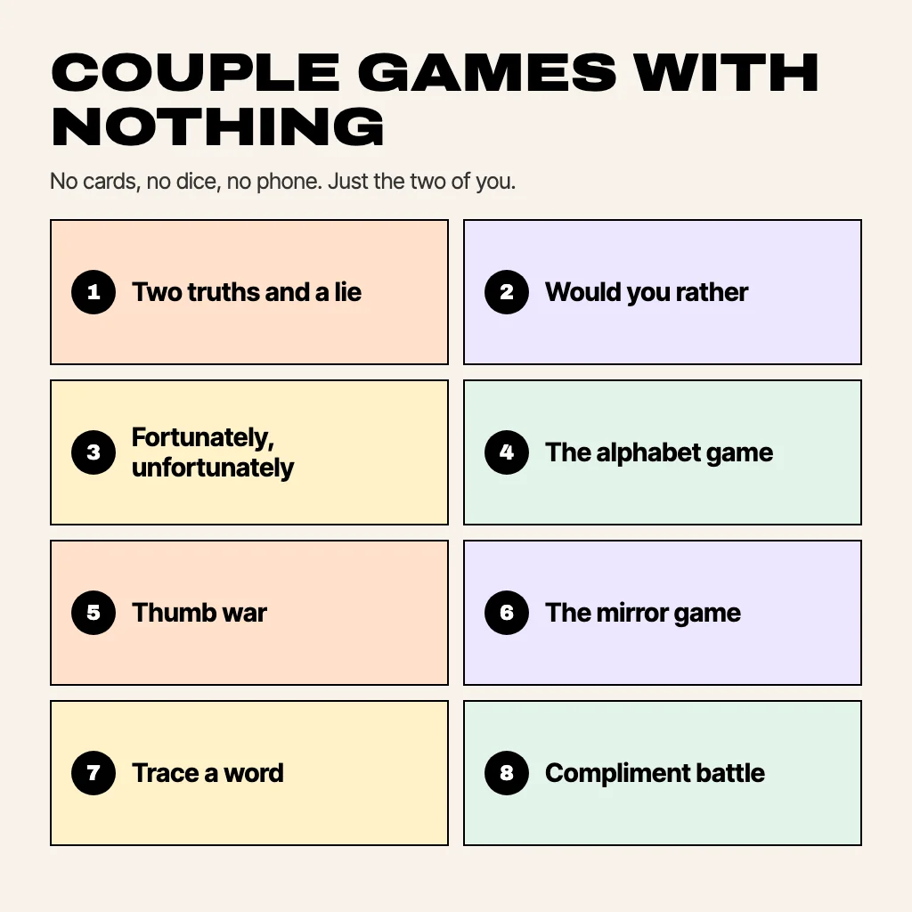 Card titled Couple games with nothing, listing eight games that need no props: Two truths and a lie, Would you rather, Fortunately unfortunately, The alphabet game, Thumb war, The mirror game, Trace a word, Compliment battle