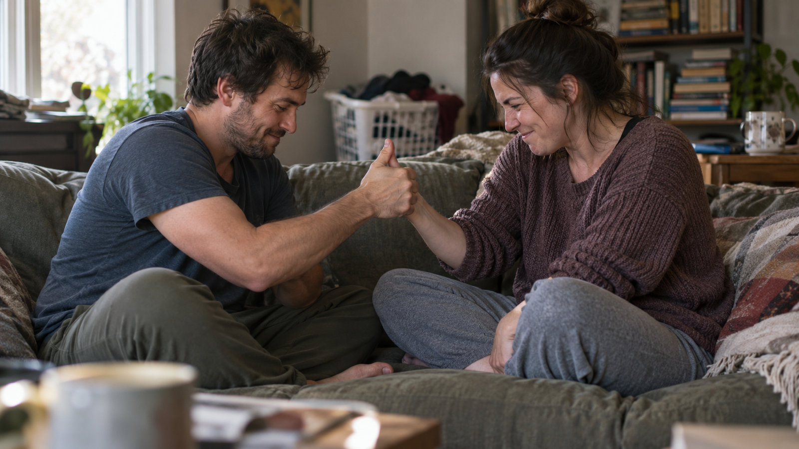 A couple sitting cross-legged on a sofa locked in a thumb war, both trying not to laugh, in afternoon window light