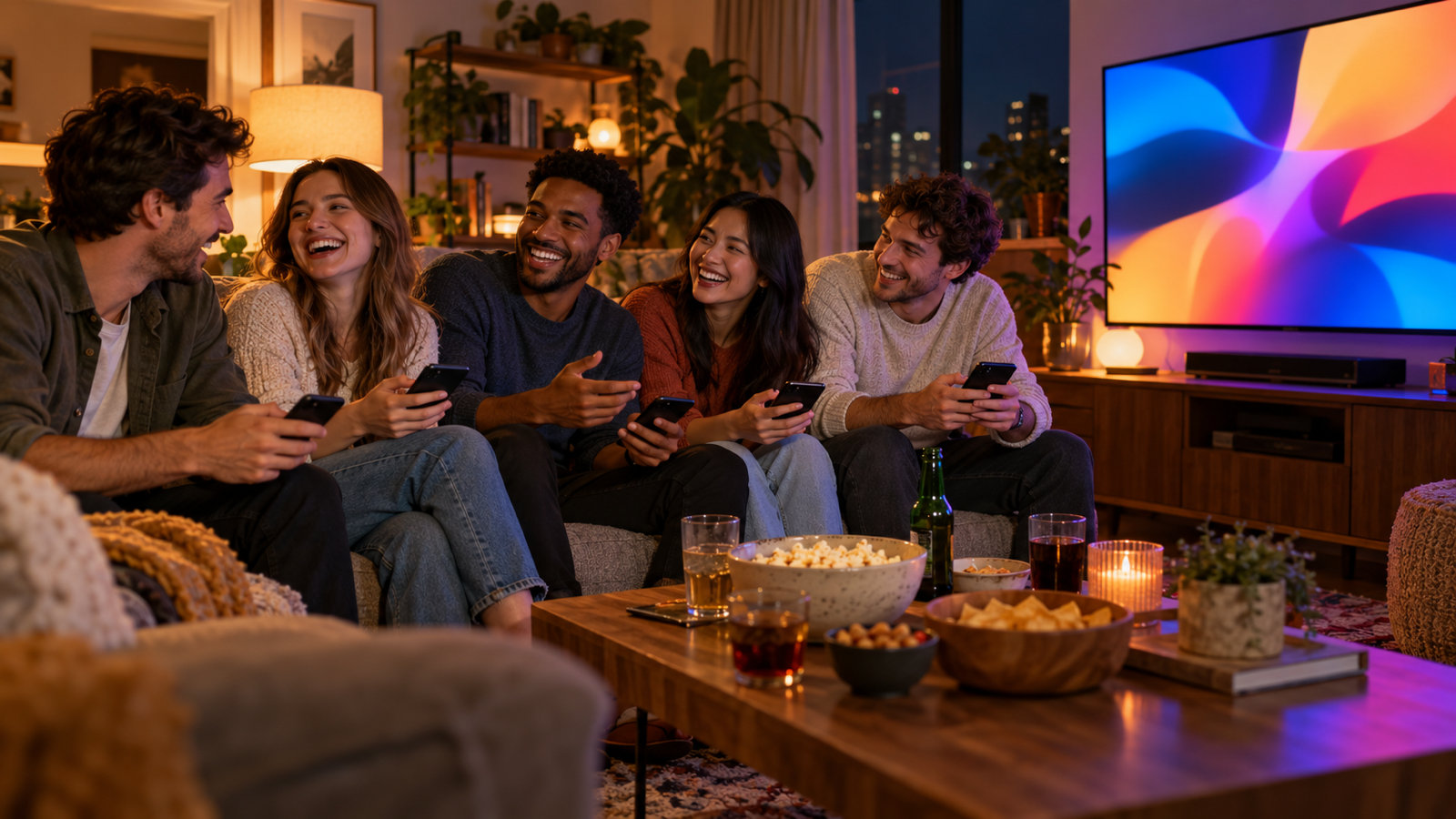 Five friends in their twenties laughing on a sofa at night, each holding a phone, with a large TV glowing in front of them and snacks on the coffee table
