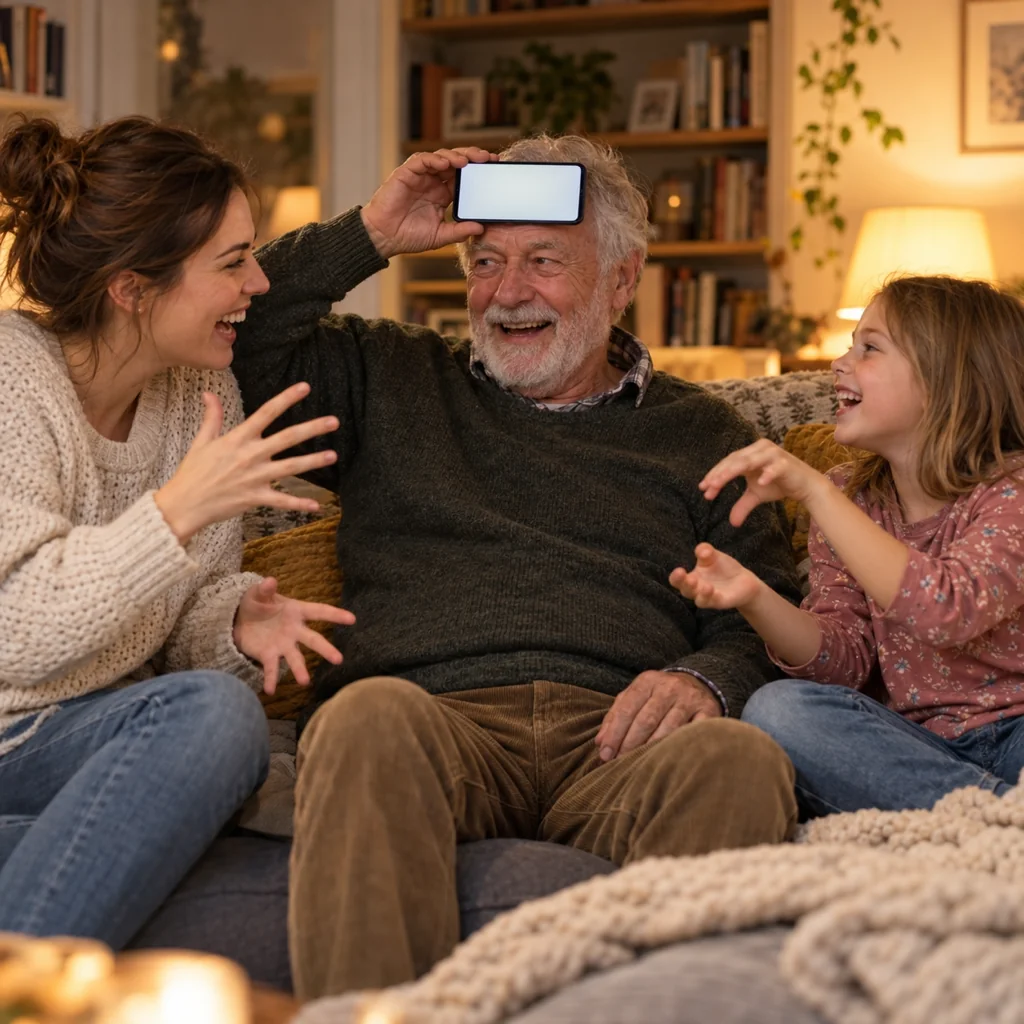 Three generations of one family on a sofa in the evening, a grandfather in the middle holding a phone to his forehead while a child and a parent laugh and gesture