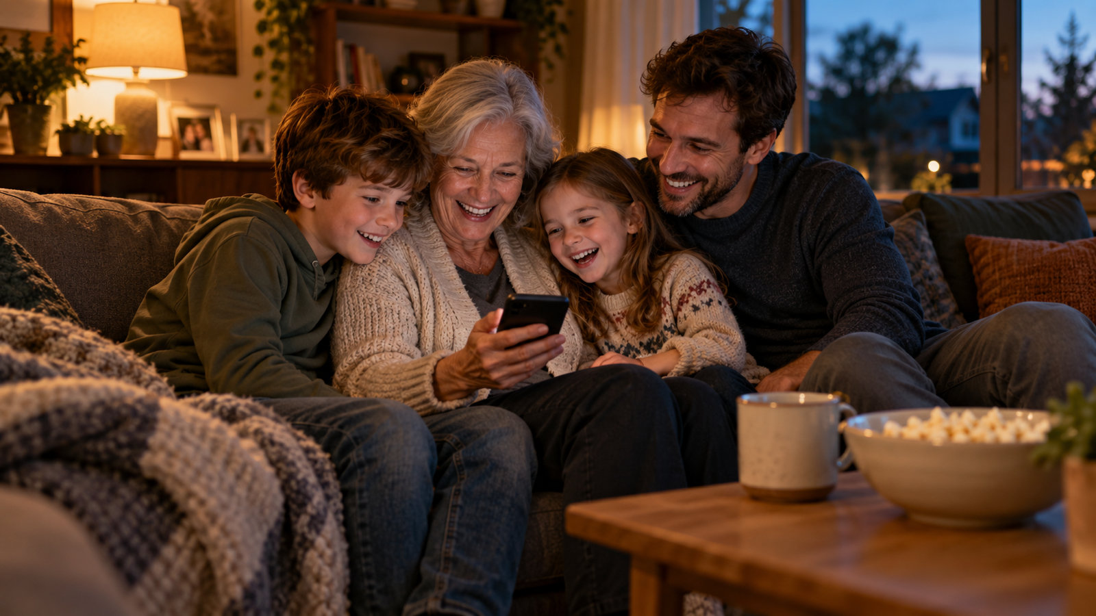 A grandmother, a father and two children squeezed onto a sofa in a warm living room, all leaning in to look at one phone and laughing