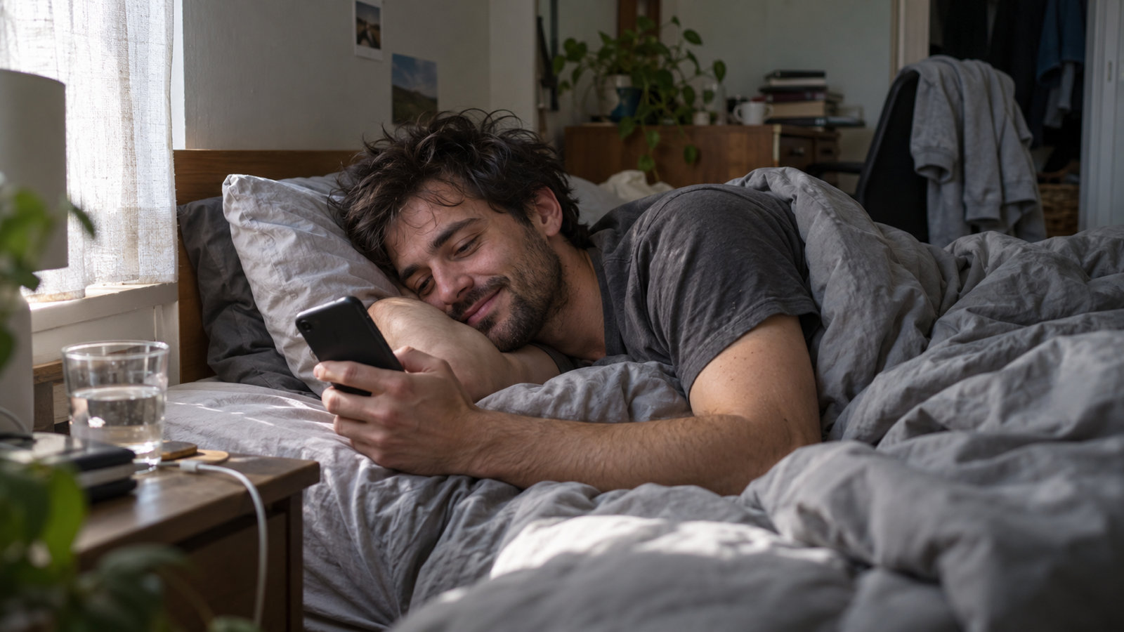 A man with stubble lying in rumpled sheets in early window light, reading a message on his phone with a sleepy half smile