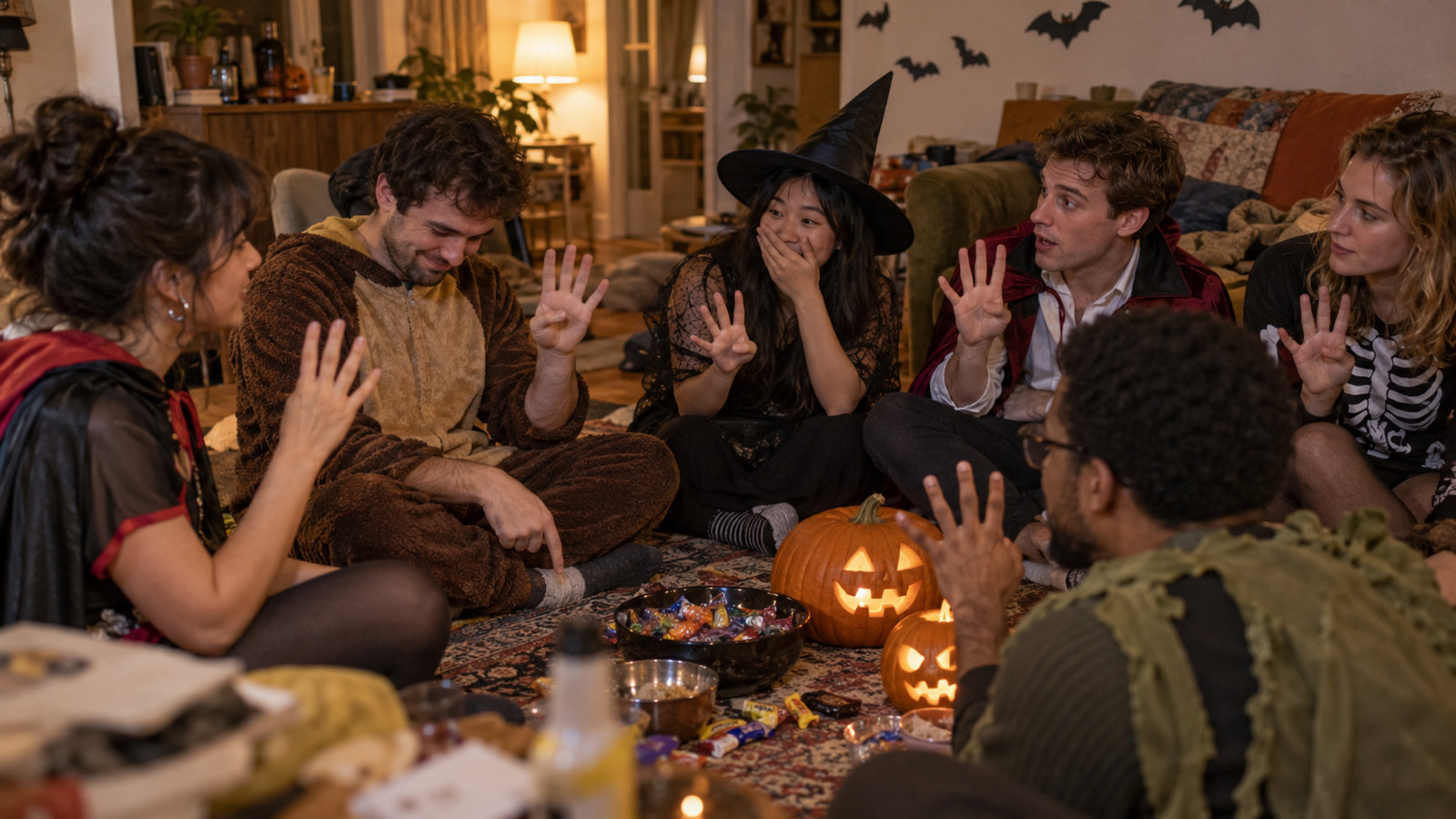 Friends in Halloween costumes sitting in a circle on a living-room rug around carved pumpkins, holding up fingers in a game of Never Have I Ever while one puts a finger down