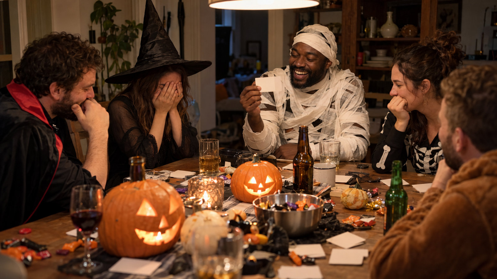 A man dressed as a mummy laughing as he holds up a card while a woman in a witch hat hides her face, around a dining table lit by jack-o'-lanterns