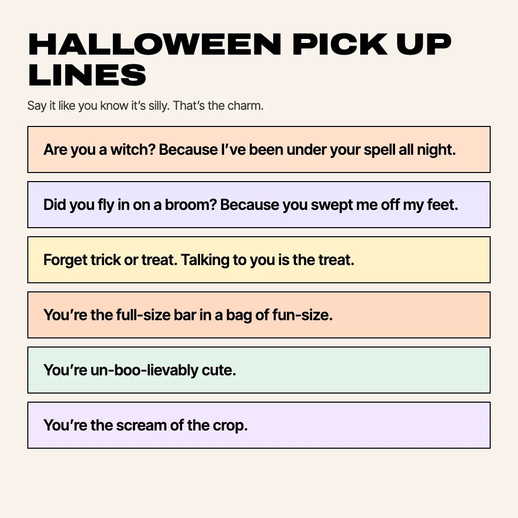 Card titled Halloween pick up lines with six lines: Are you a witch? Because I have been under your spell all night. Did you fly in on a broom? Because you swept me off my feet. Forget trick or treat. Talking to you is the treat. You are the full-size bar in a bag of fun-size. You are un-boo-lievably cute. You are the scream of the crop.