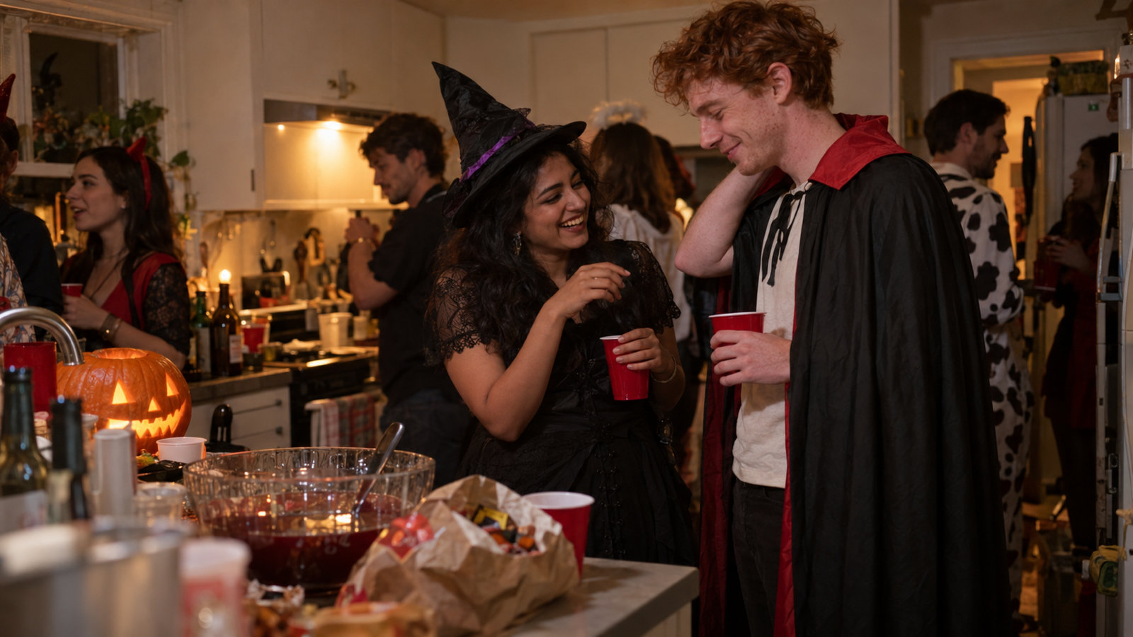 A woman in a witch hat laughing at a red-haired man in a vampire cape by the punch bowl in a crowded kitchen at a Halloween party