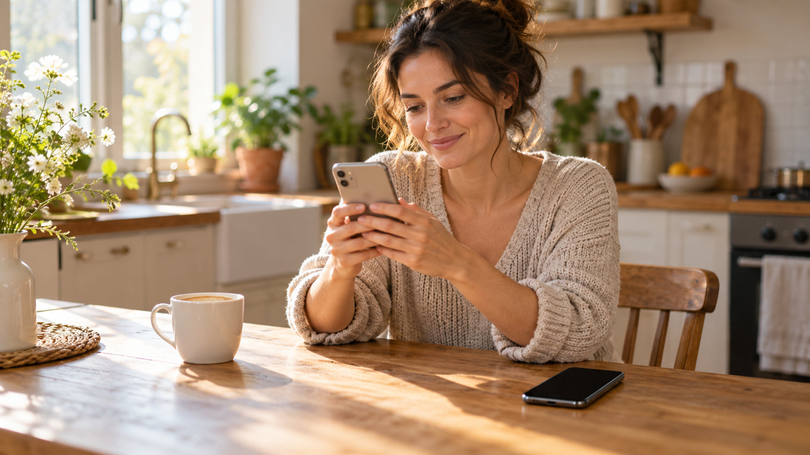 A woman at a kitchen table holding her phone in both hands, waiting for a video to send, a cup of coffee and a second phone face up beside her