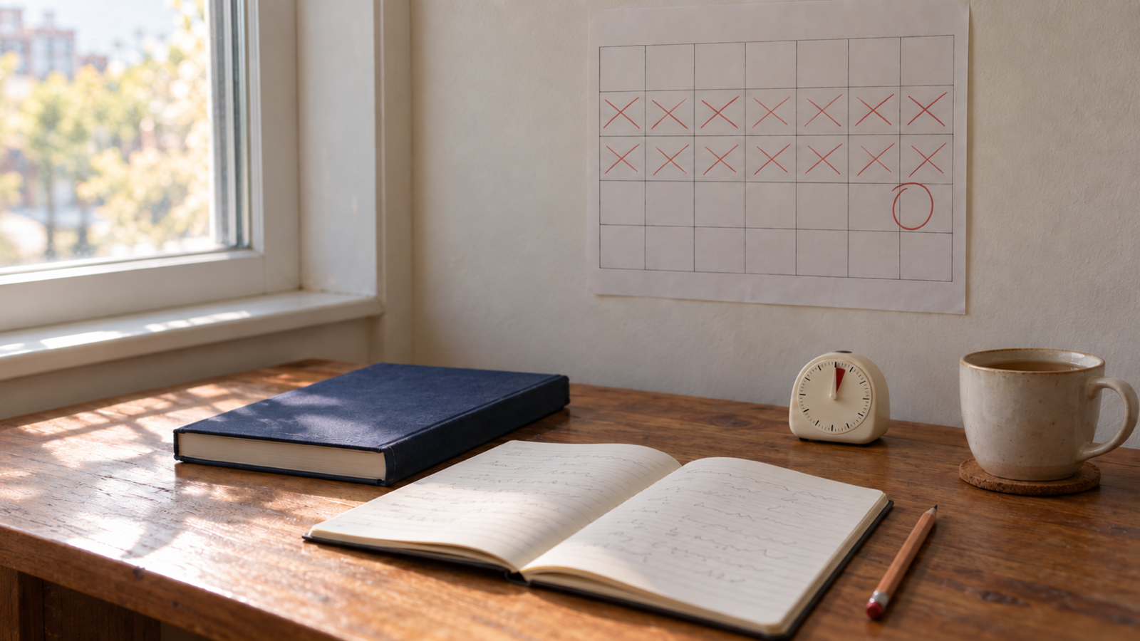 A study desk under a wall calendar with weeks crossed out in red pencil, an open French notebook, a grammar book and a kitchen timer
