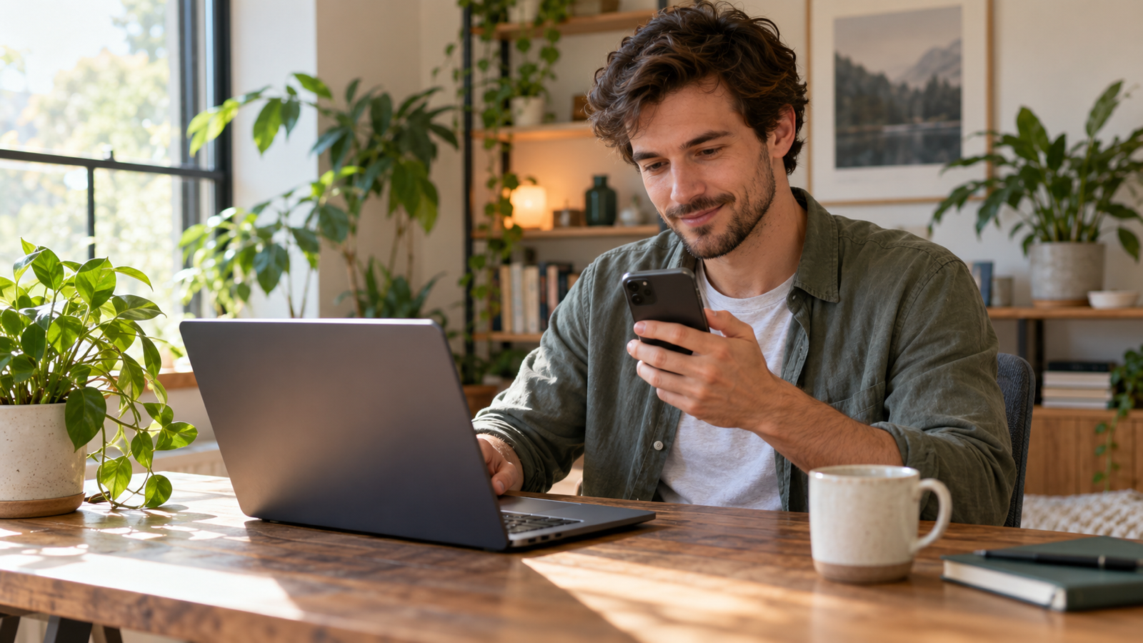 A man at a home desk holding an iPhone next to an open Windows laptop, ready to send photos across