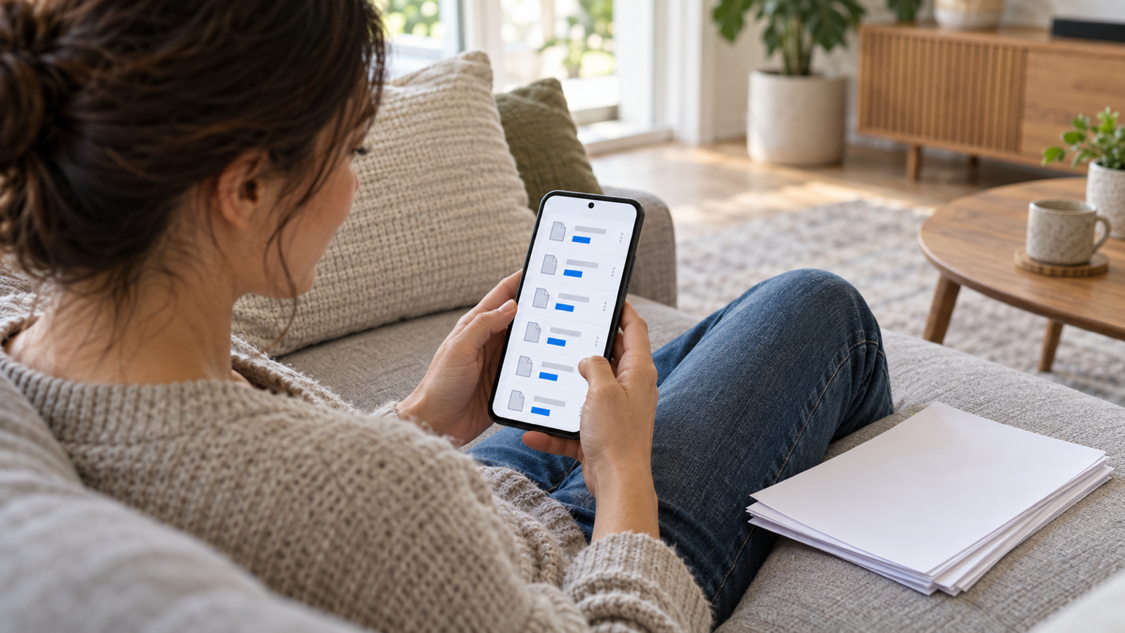 A person on a sofa holding an Android phone showing a list of PDF files, a stack of papers beside them