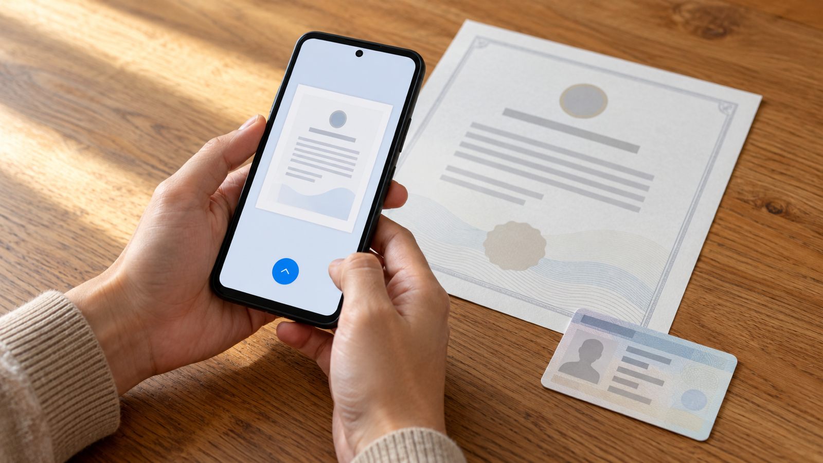Hands holding an Android phone above a printed certificate and an identity card on a wooden table