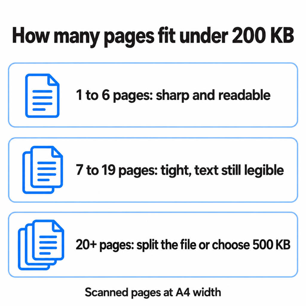 Card showing how many scanned pages fit under 200 KB: 1 to 6 pages stay sharp, 7 to 19 are tight but legible, 20 or more need splitting or a 500 KB limit