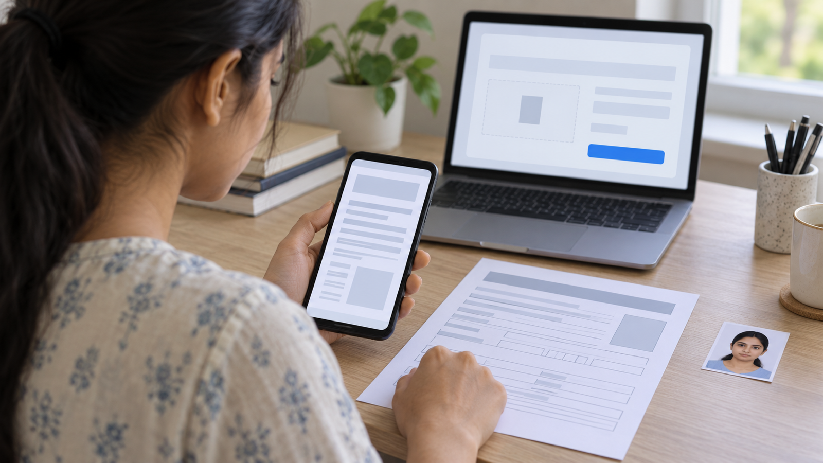 A student holding an Android phone over a printed application form and a passport photo, a laptop showing an online upload form behind