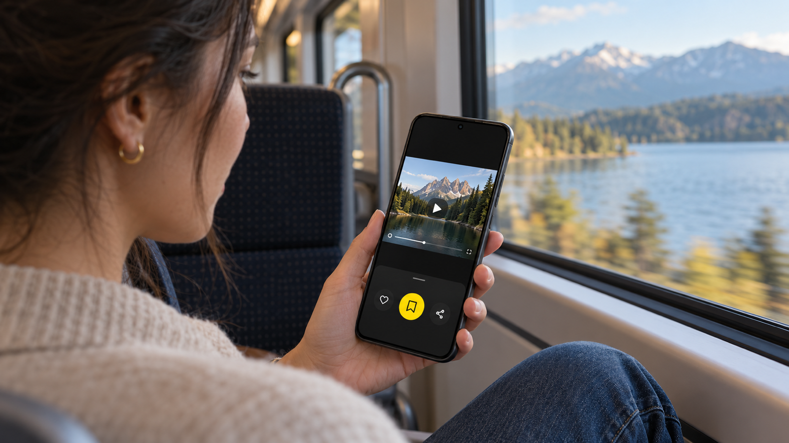 A person on a commuter train holding an Android phone showing a web page with a video player