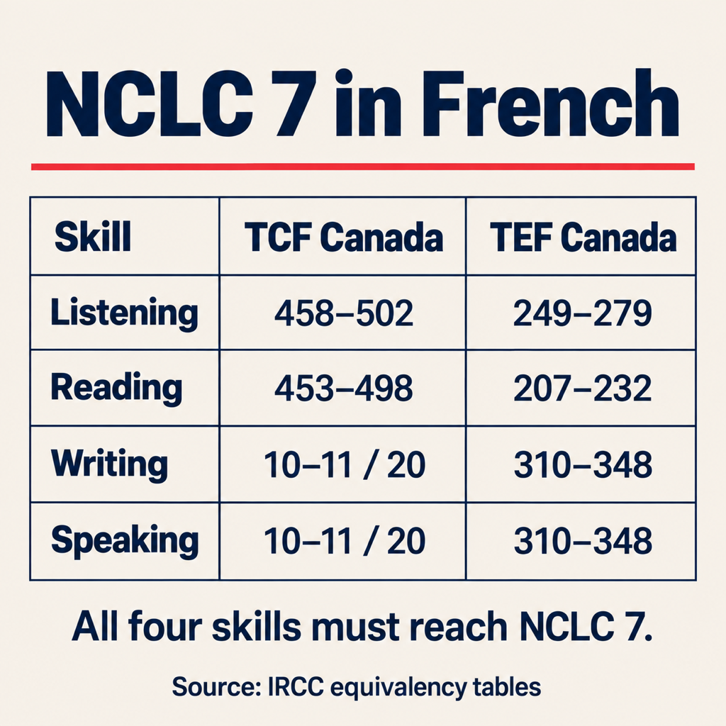 Score card titled NCLC 7 in French: TCF Canada listening 458–502, reading 453–498, writing and speaking 10–11 out of 20; TEF Canada listening 249–279, reading 207–232, writing and speaking 310–348