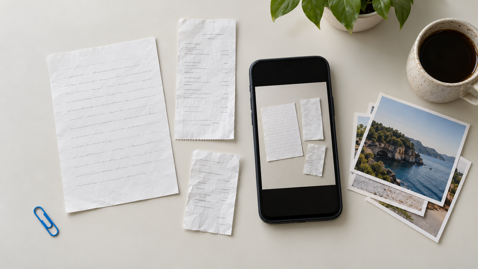 Top-down view of a phone photographing printed receipts and a handwritten page, loose photos fanned beside it