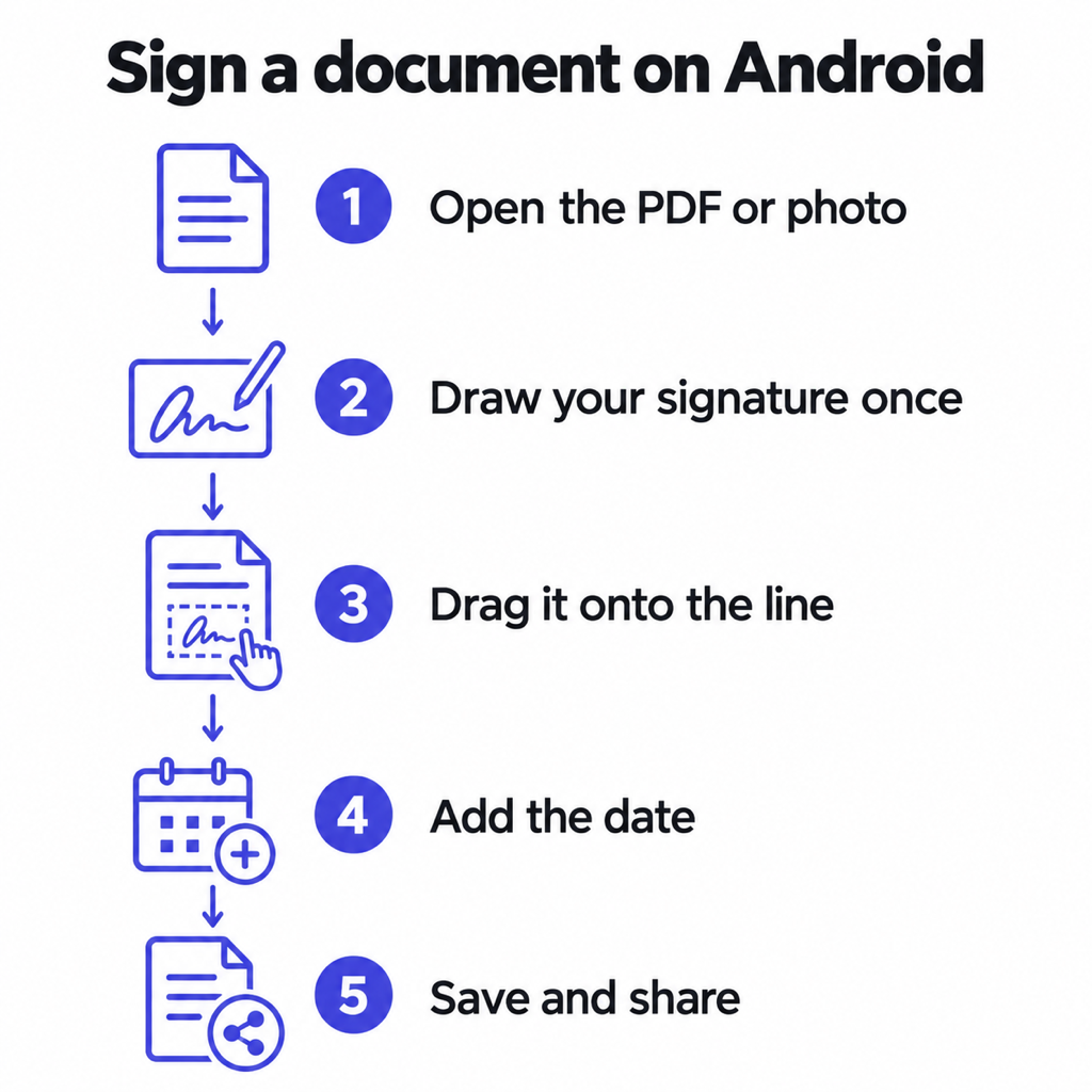 A five step diagram headed Sign a document on Android: open the PDF or photo, draw your signature once, drag it onto the line, add the date, save and share