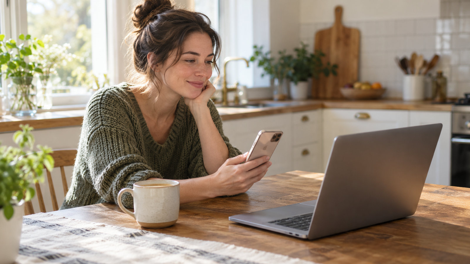 A woman at a kitchen table holding her iPhone towards an open MacBook, about to share photos from a weekend trip