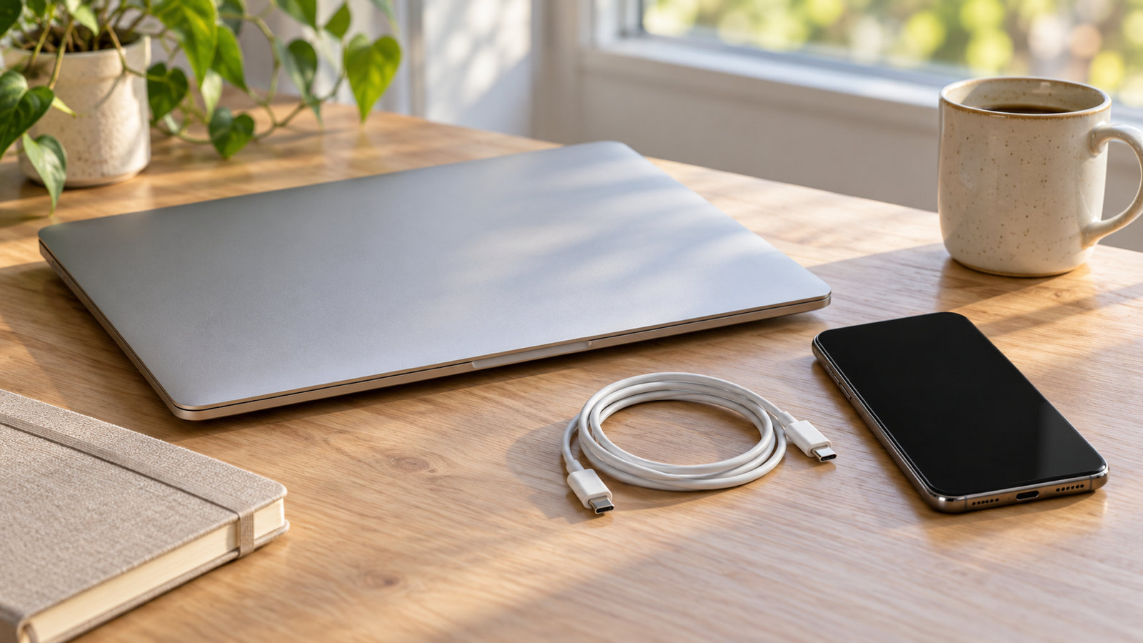 An Android phone lying next to a closed MacBook on a tidy desk, a USB-C cable coiled between them, in soft morning light from a nearby window
