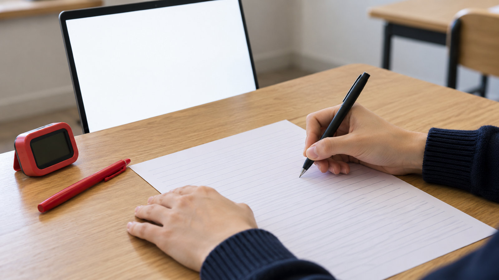 Mains d’un candidat écrivant en français sur une feuille lignée à un bureau en bois, avec un ordinateur portable, un minuteur rouge et un stylo rouge