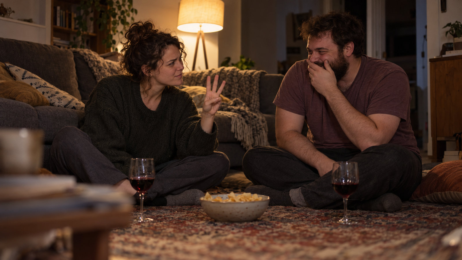 A couple on a living-room rug against the sofa playing never have I ever, she holding up three fingers and narrowing her eyes, he covering his mouth to keep from laughing, wine glasses beside them