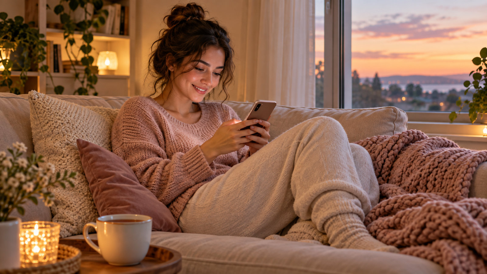 A young woman curled up on a sofa by a window in soft evening light, smiling as she types a long message on her phone, with a cup of tea and a knitted blanket beside her