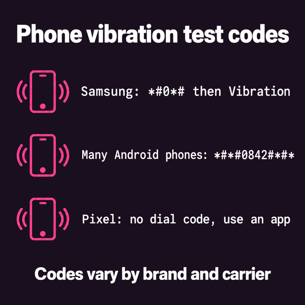 Card of phone vibration test codes: Samsung dial *#0*# then tap Vibration, many Android phones *#*#0842#*#*, Pixel has no dial code so use an app, and codes vary by brand and carrier