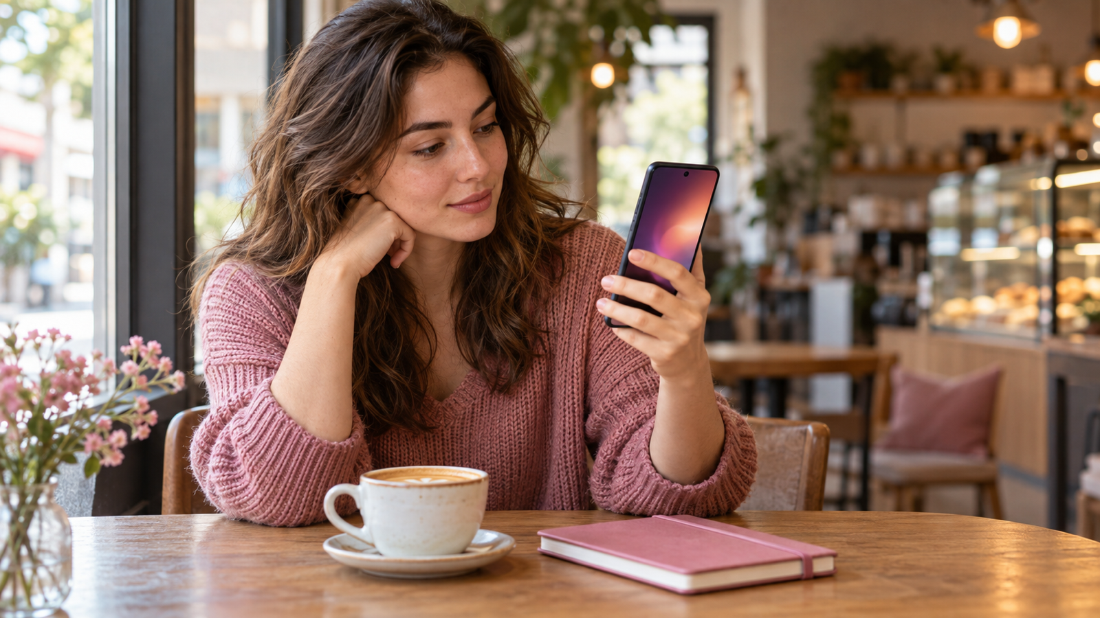 A young woman at a cafe table holding up an Android phone and looking at it with a focused expression