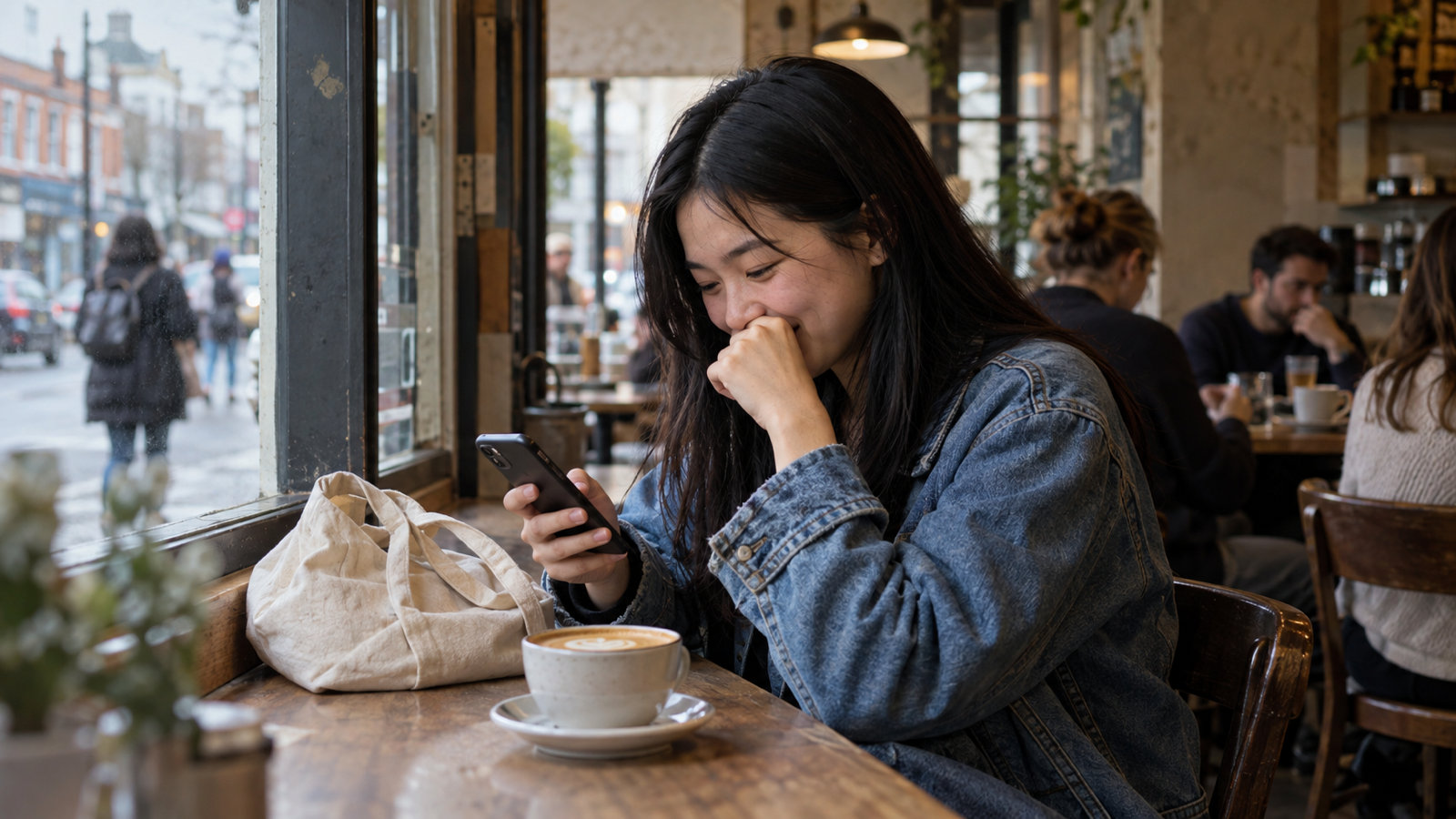 A young woman at a cafe window counter looking at her phone and pressing her hand to her mouth to hide a shy grin