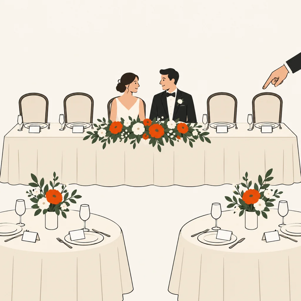 Illustration à plat d’une table d’honneur de mariage vue de face, les mariés au centre, six chaises, deux tables rondes d’invités devant, une main désignant une chaise