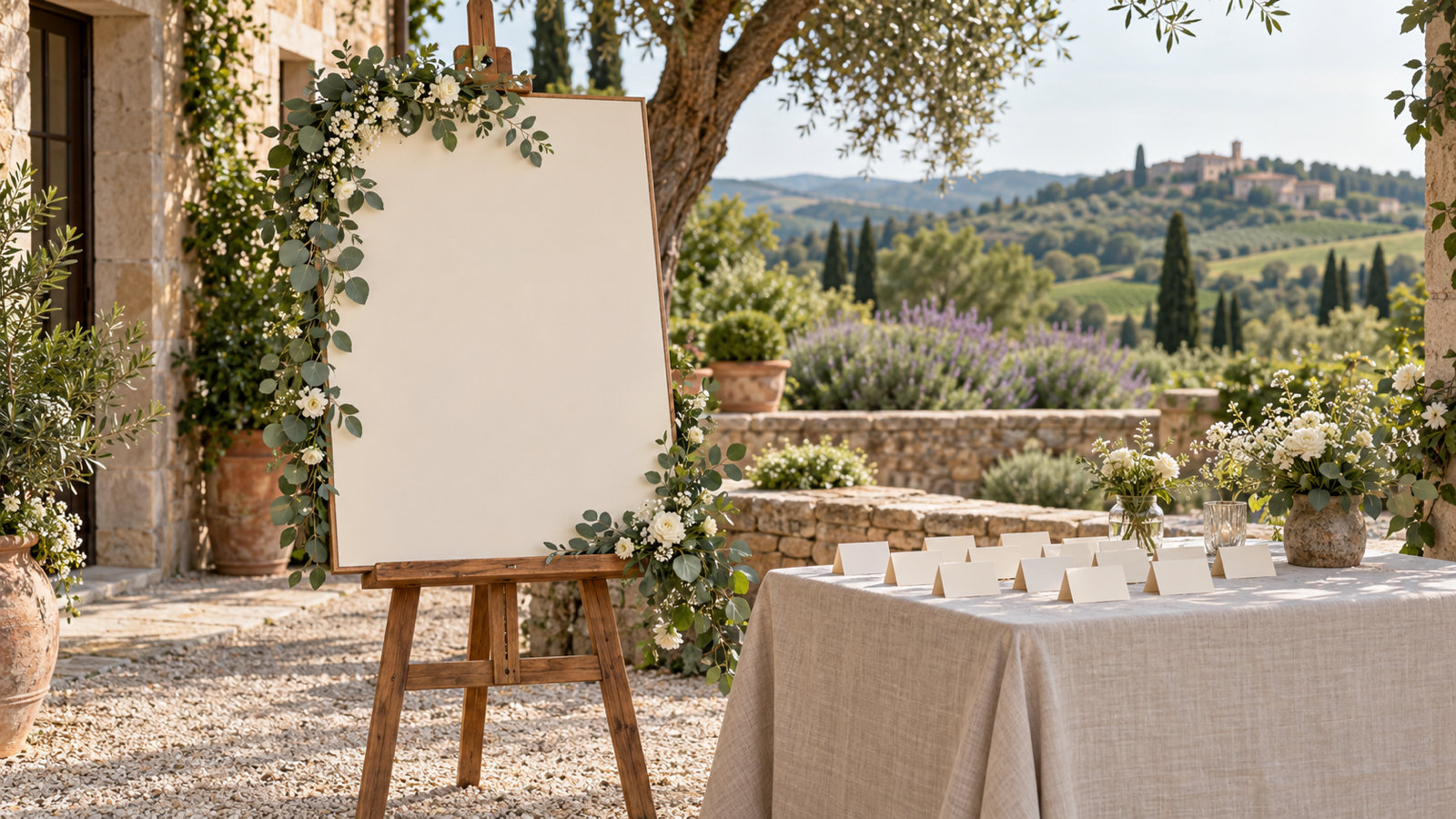 Entrée de réception de mariage champêtre : un chevalet en bois porte un grand panneau de plan de table orné d’eucalyptus, avec des marque-places pliés sur une table en lin à côté
