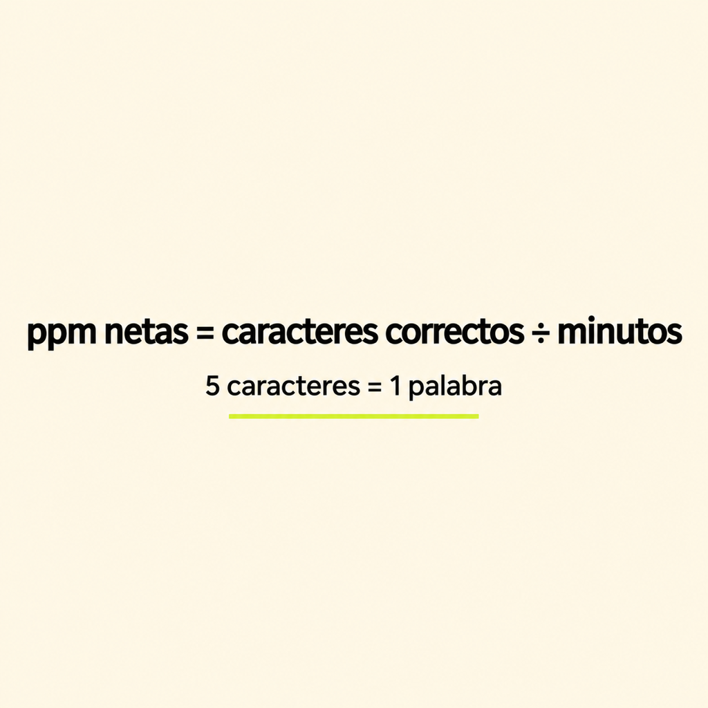 Tarjeta con la fórmula: ppm netas = caracteres correctos ÷ minutos; 5 caracteres = 1 palabra