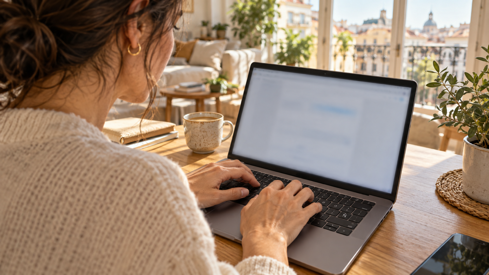 Mujer tecleando rápido en un portátil con teclado español, con la tecla Ñ a la vista, en un piso luminoso