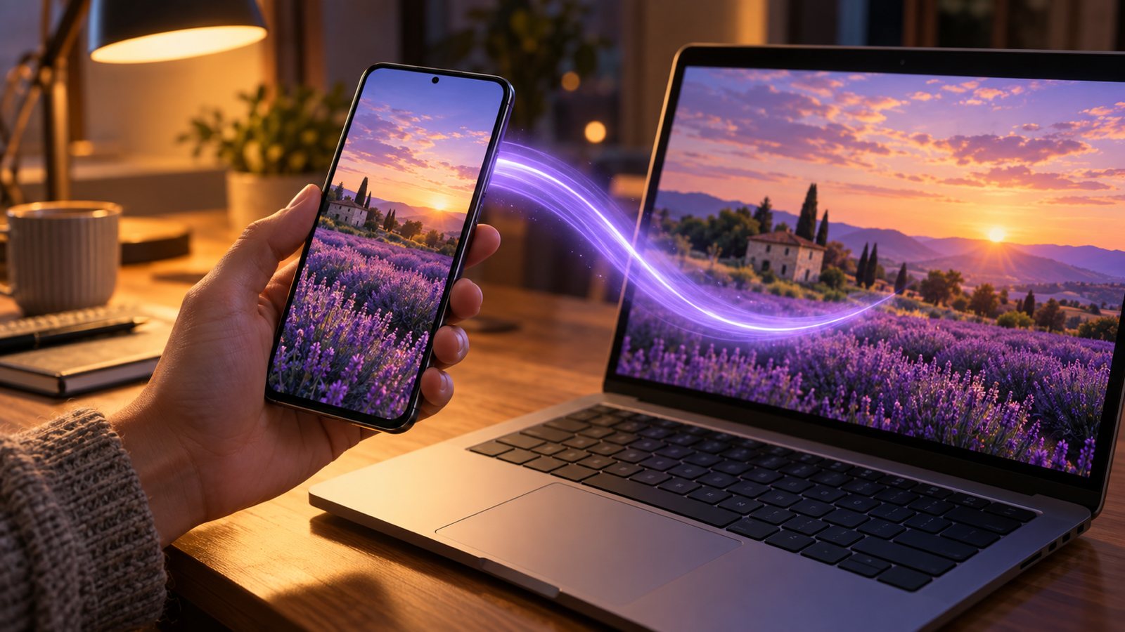 An Android phone held above a MacBook keyboard in evening lamp light, a lavender streak of light carrying a photo from the phone into the laptop screen
