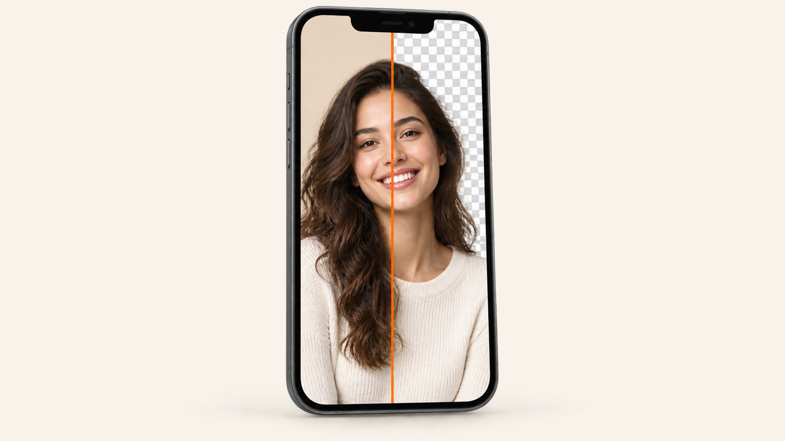 A phone showing a portrait photo with half of the background erased to a transparency checkerboard