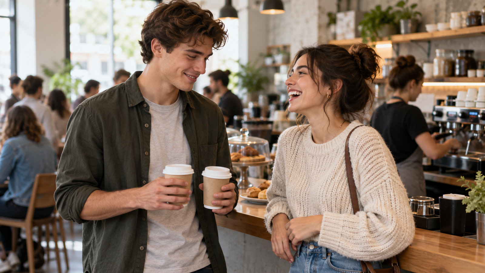 A young man and a young woman holding coffee cups at a busy cafe counter, she is laughing at something he just said while he smiles a little shyly