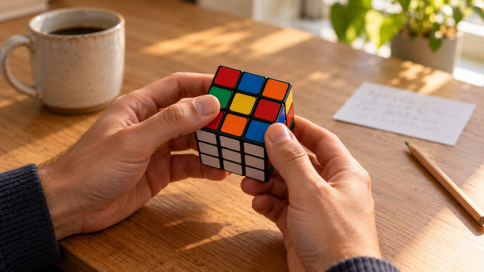 A hand holding a half-solved Rubik’s cube above a desk, with a handwritten cheat sheet of move sequences on an index card beside it