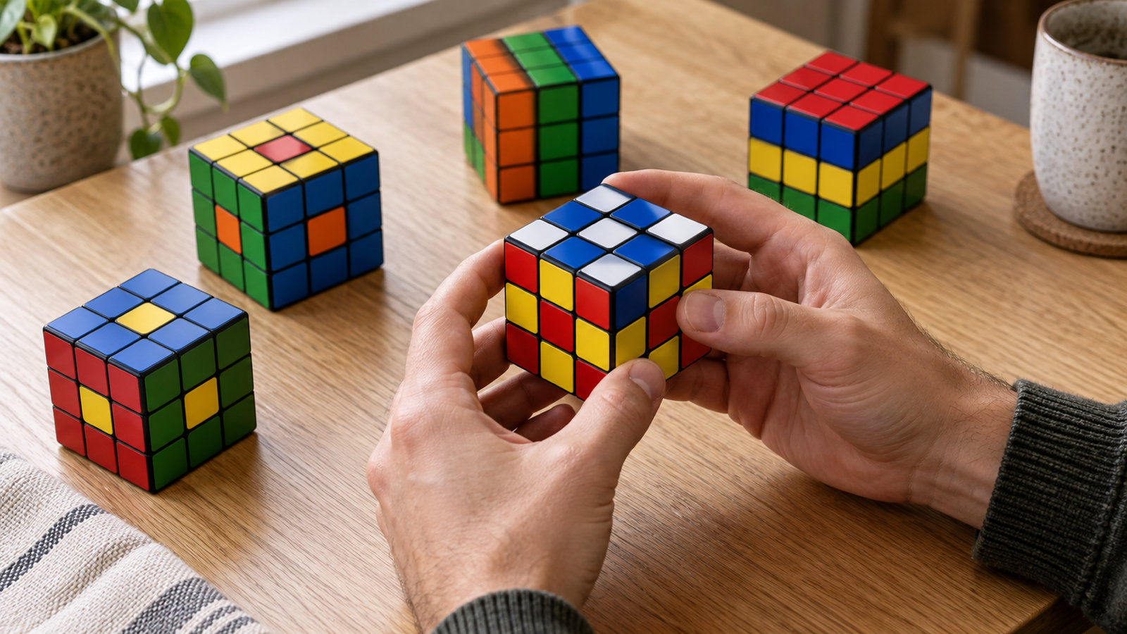 Hands holding a 3x3 puzzle cube turned into a checkerboard pattern, with four more cubes in other patterns on a light oak table