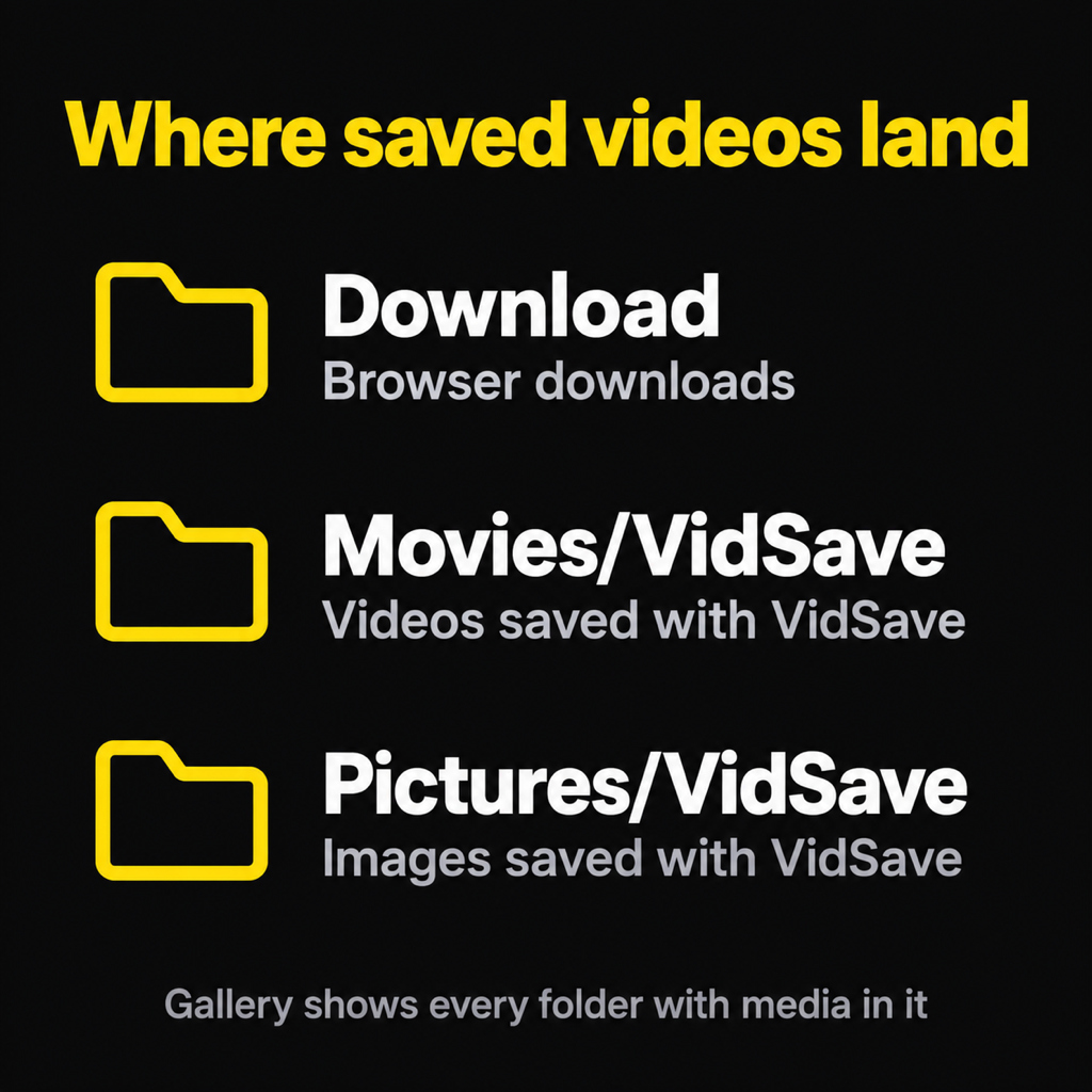 Where saved videos land on Android: Download for browser downloads, Movies/VidSave for videos saved with VidSave, Pictures/VidSave for images; the gallery shows every folder with media in it
