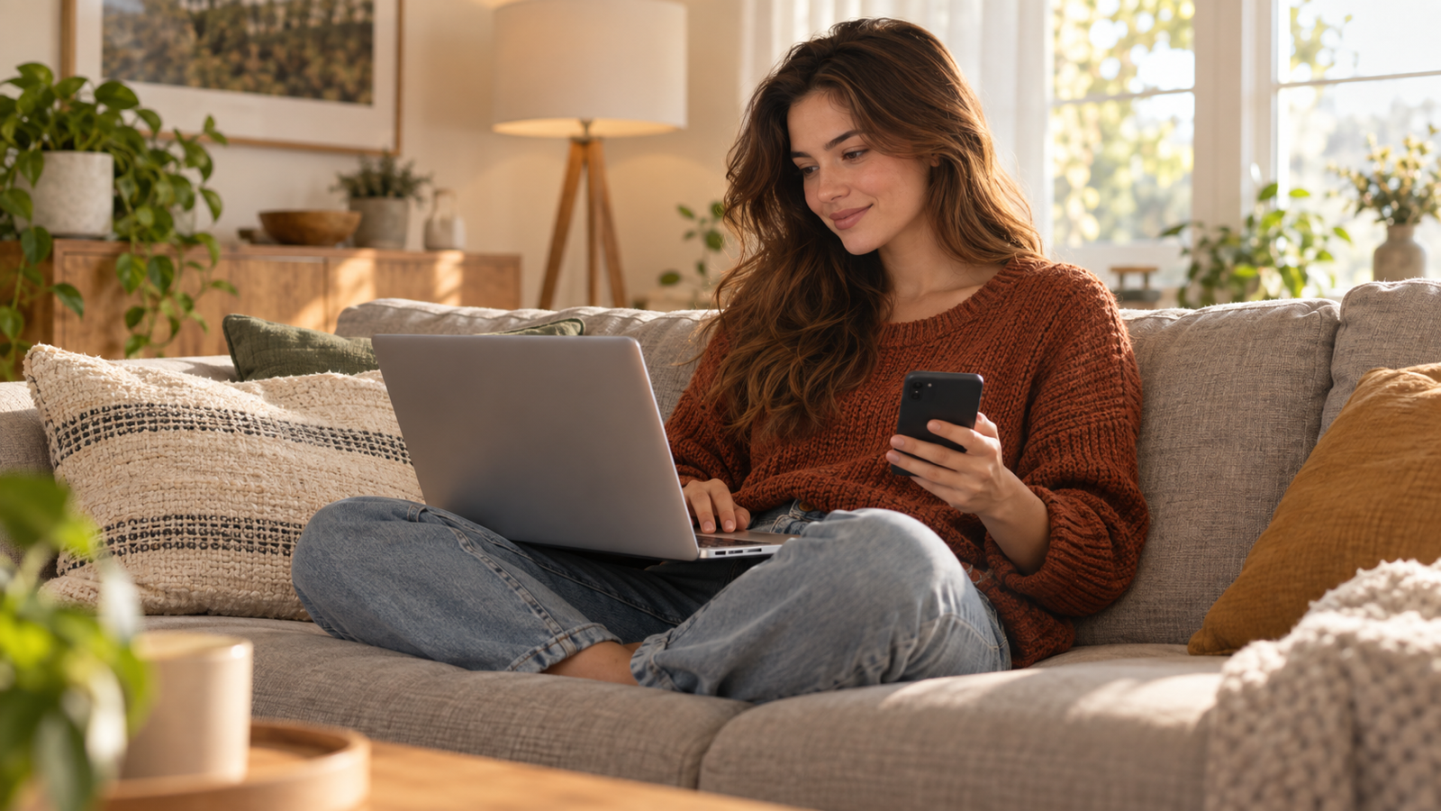 A young woman on a sofa with a MacBook on her lap and an Android phone in her hand, sending a photo from the phone to the laptop