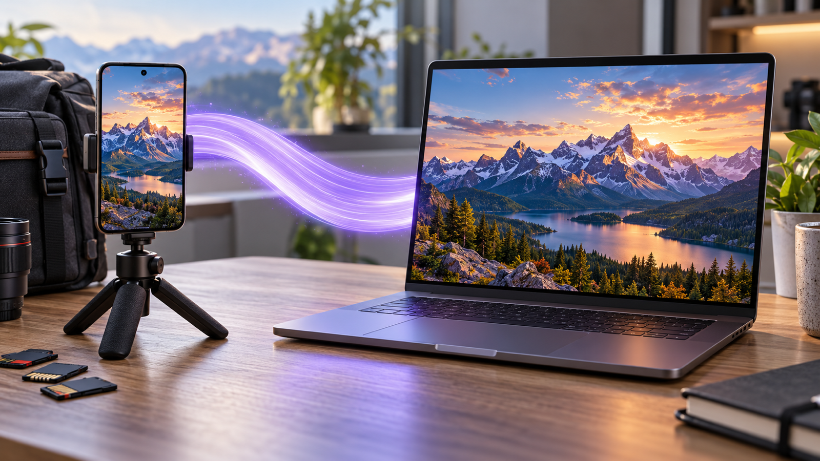 A phone showing a sharp 4K mountain video beside a laptop playing the same video full screen, joined by a thick lavender ribbon of light