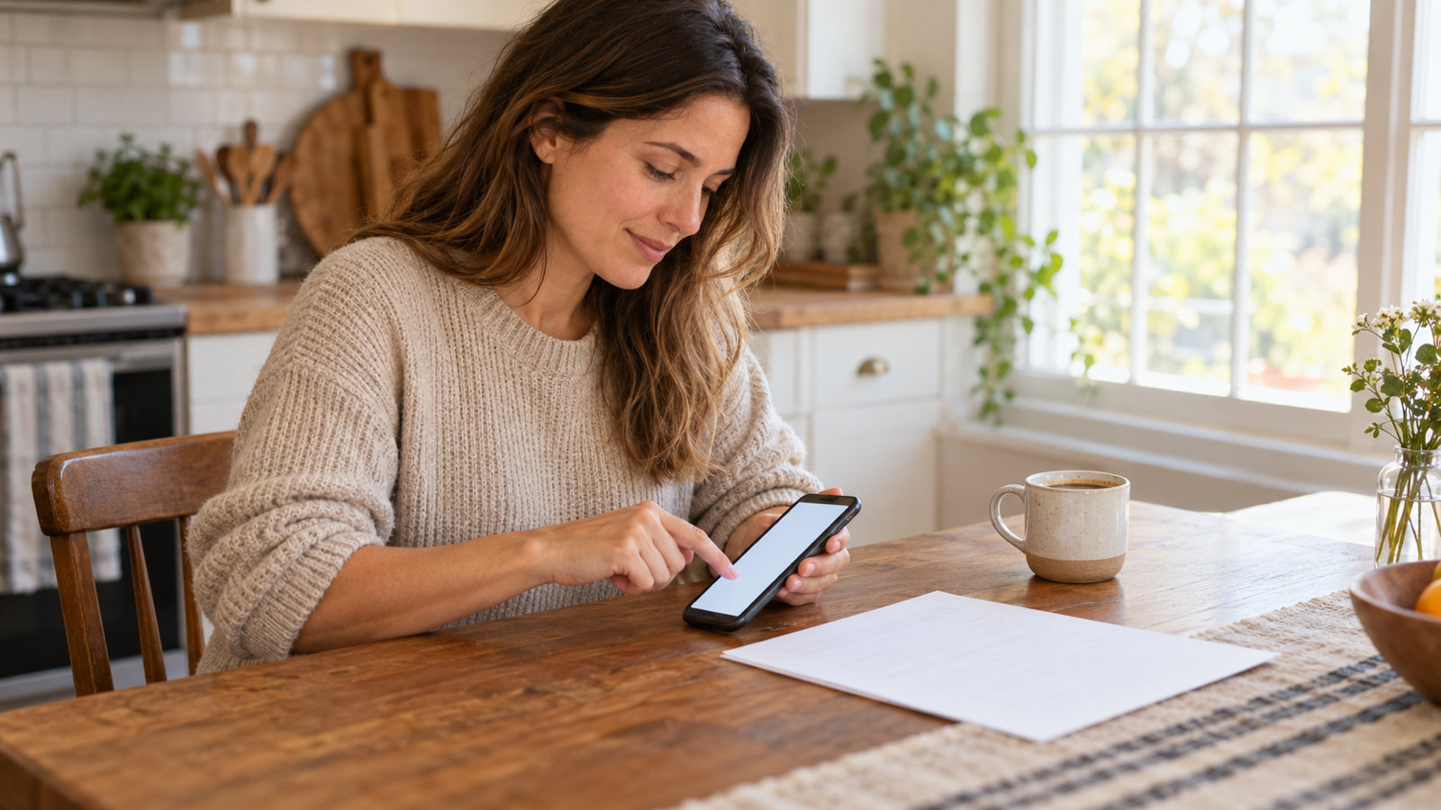A woman at a kitchen table signing a document on her phone with her finger, a printed contract and a cup of coffee beside it